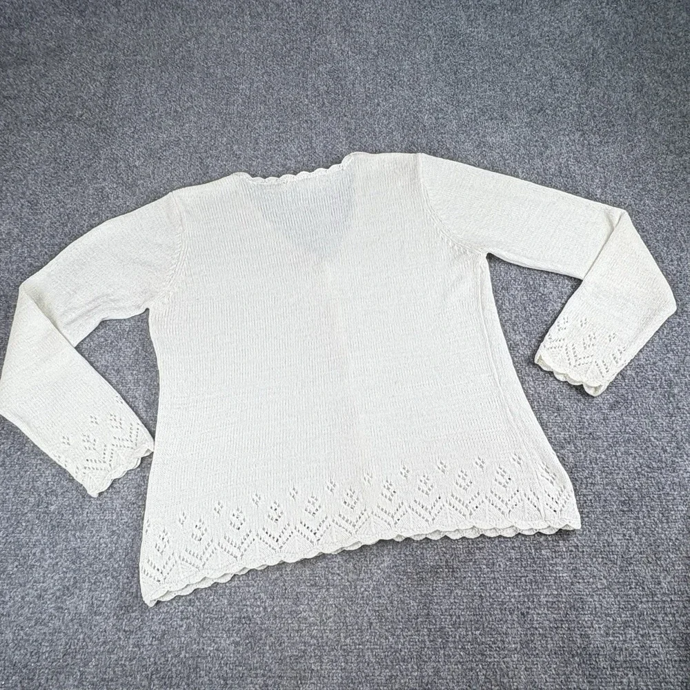 Vintage 90s Coldwater Creek Cardigan Sweater Woman L Ivory Openwork Knit Cottage
